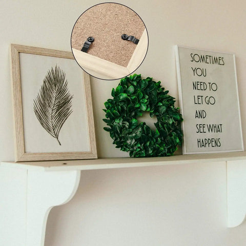 Shelf with framed art and sign, close-up of Metal Picture Frame Turn Button Fasteners With Screws Set For Hanging Photos Drawings And Posters, 100 Piece Frame Hardware Backing Clips, Super Sturdy For Easy Mounting And Secure Framing On Gallery Walls