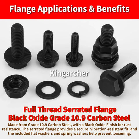 320 Piece Metric Flange Bolts And Nuts Set With Fully Threaded M6 X 1.0, M8 X 1.25, M10 X 1.5 Bolts, Serrated Flange Nuts, Flat And Spring Washers, Carbon Steel Black Oxide, Storage Case, Heavy Duty Auto And DIY Kit