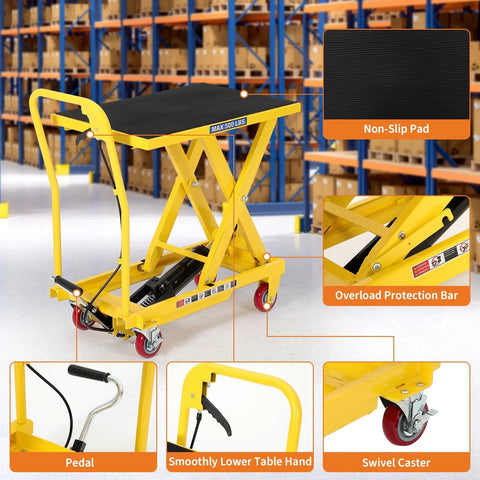 Hydraulic Lift Table Cart 1100 Lb Capacity 10 To 32 In Lift Height With Wheels in warehouse with non-slip pad and caster wheels.