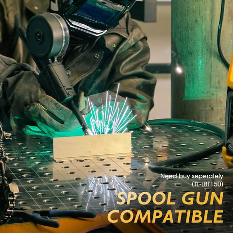 Person welding using Do It All Six In One Welder For MIG TIG Stick Flux Core Spool Gun And Plasma Cutter, spool gun compatible