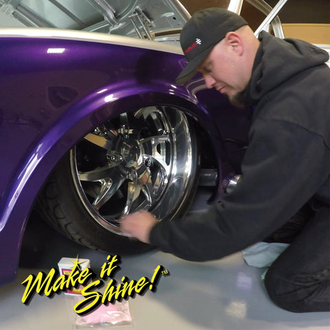 Man polishing car wheel with All Metal Polish For Silver Brass Stainless Aluminum Car Care With Slick High Gloss Finish And Instant Shine