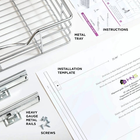 Heavy-Duty Cabinet Organizer With Pull-Out Drawer for Pots and Pans installation kit with metal tray, rails, screws, template, instructions.