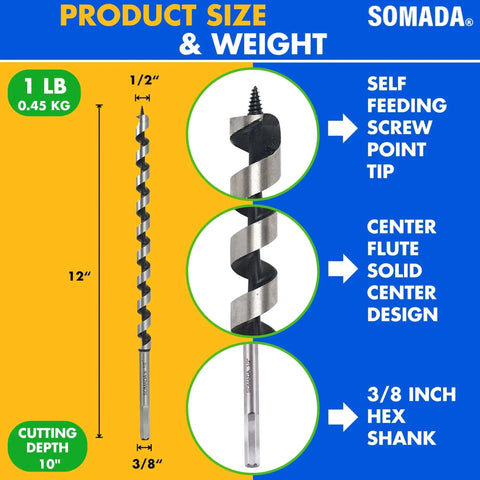 Half Inch By Twelve Inch Auger Drill Bit With Three Eighths Inch Hex Shank Long Ship Auger For Wood Plastic Drywall And Composite Materials Delivers Deep Clean Holes In Soft And Hard Wood shown with size and features.