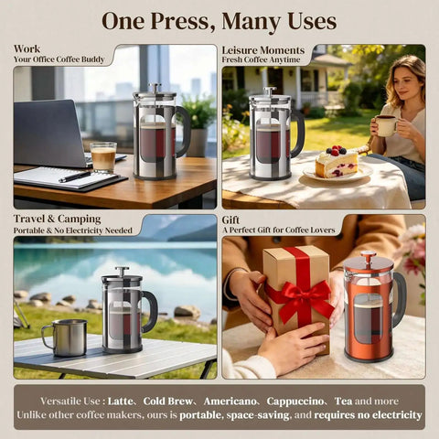 French Press Coffee Maker 34 Ounce Plastic Free Brewing Surface With Thickened Glass And Stainless Steel used in various settings.