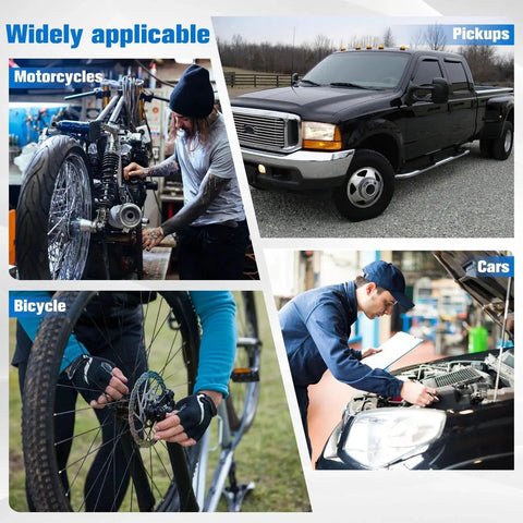 Collage showing versatility of Axle Spindle Thread Chaser Set For Vehicle Axles With 8 Dies And 1-1/16 Inch Extension Bar in various vehicles.