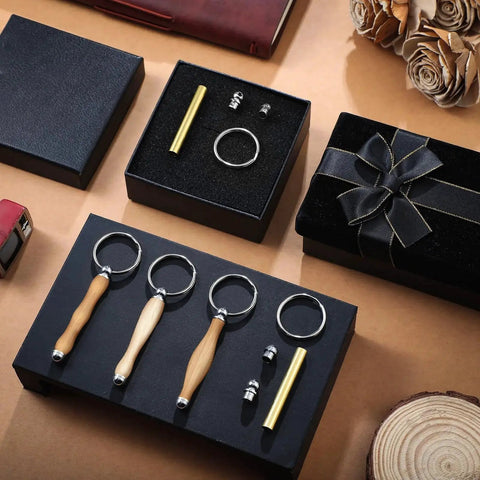 12 Piece Wood Turning Keychain Kit Set For DIYers And Woodworking Fans Includes Woodturning Mandrel And Accessories Perfect Gift For Carpenters And Hobbyists With 7mm Shank And Silver Finish displayed in black box