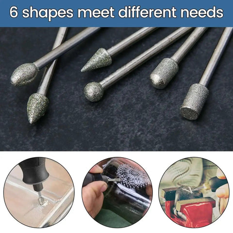 Close-up of Pro Grade Diamond Burr Set for Rotary Tool Grinding and Engraving, 36 Piece Diamond Mounted Bits in various shapes