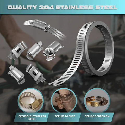 Cut To Fit 12 Foot 304 Stainless Steel Hose Clamp Kit With Eight Stronger Fasteners and adjustable worm gear clamps shown in use.