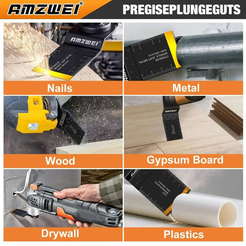 50 Piece Titanium Oscillating Tool Blade Kit For Metal Wood Plastic That Cuts Like A Boss With Curved Edge And HCS Blades Includes 5 Titanium Blades 25 Curved Edge Blades 20 HCS Blades Compatible With DeWalt Milwaukee Ryobi Rockwell Fein shown cutting various materials.