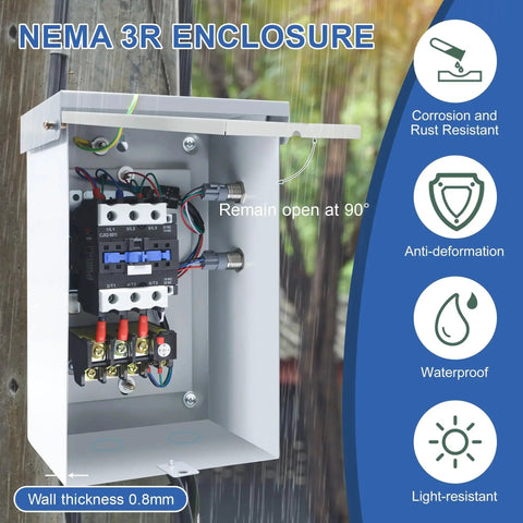 Open view of Built Tough 14 And A Half HP Three Phase Magnetic Motor Starter For 208 240 Volt Motors in NEMA 3R weatherproof enclosure.