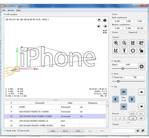 Engraving software interface showing iPhone text for 3 Axis Desktop CNC Router Kit For Wood PCB PVC Milling And Engraving With Offline Controller No Computer Needed GRBL Control USB Interface Mini DIY Engraver Machine For Beginners.