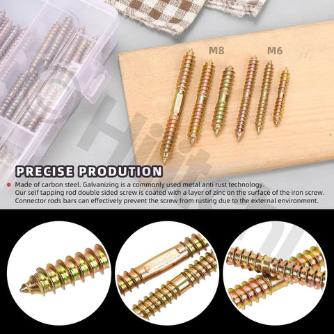 80Pcs 6 Sizes Double Ended Dowel Screws Set For Wood To Wood Joinery, Color Zinc Plated Double Sided Connectors, M8 and M6 sizes