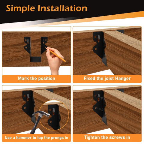 24 Pcs 2x4 Joist Hangers Set Q235B Steel Black Powder Coated Face Mount Hurricane Ties installation process illustration