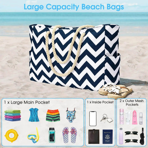 Go To Beach Tote Bag For Women With Zipper Waterproof And Sandproof Huge Capacity Holds Towels Sunscreen Clothes And More For Family Beach Days Poolside Swim Essentials, displayed on beach with contents illustration.