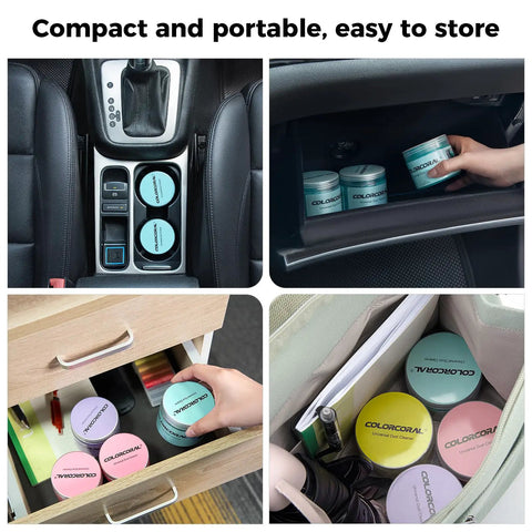 Car Cleaning Gel Universal Cleaning Putty For Car Vents And Interior Dust Removal Auto Detailing Kit shown stored in car cupholder, glove compartment, and drawer.