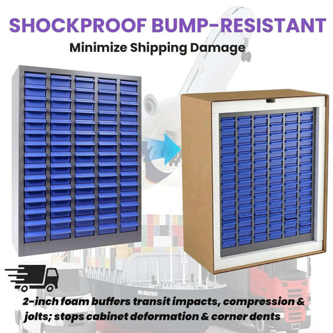 75 Drawer Nut And Bolt Organizer Cabinet With Acrylic Adjustable Shelves for Workshop or Garage Storage shown packaged in shockproof box.