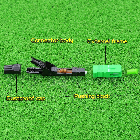 SC APC FTTH fiber optic quick connector kit: dustproof cap, connector body, pushing block, green external frame