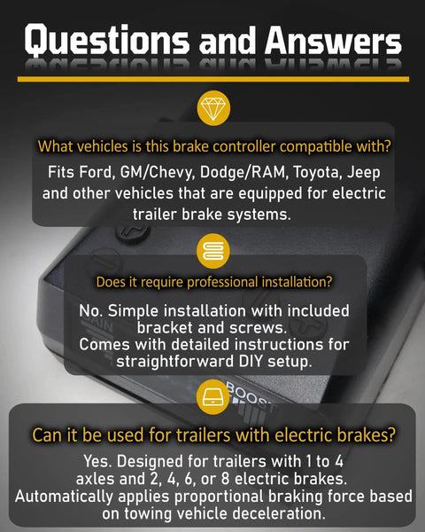 8508211 Proportional Brake Controller Kit product infographic showing a black brake controller with Q&A bubbles.