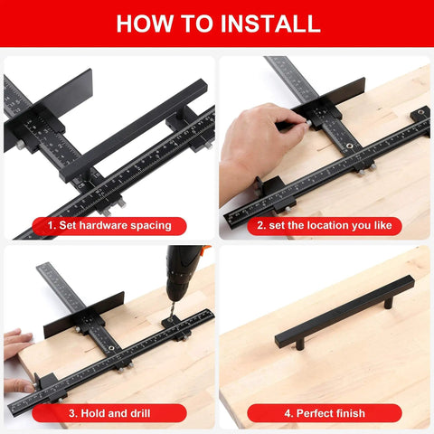 Installation steps for Pro Grade Cabinet Hardware Jig With Adjustable Template For Handles And Drawer Knobs Easy Install For Doors And Drawers Aluminum Alloy Precision Jig.