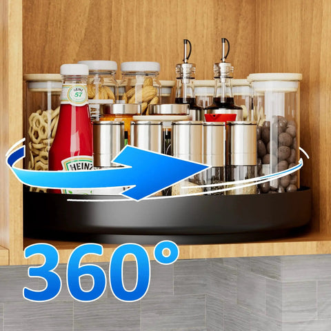 13 Inch Heavy Duty Metal Lazy Susan Turntable Organizer for Cabinet Pantry Kitchen Countertop and Bathroom 360 Degree Rotating Spice Rack Storage Anti Rust Waterproof Coated Black Ovicar in use with spices and condiments.