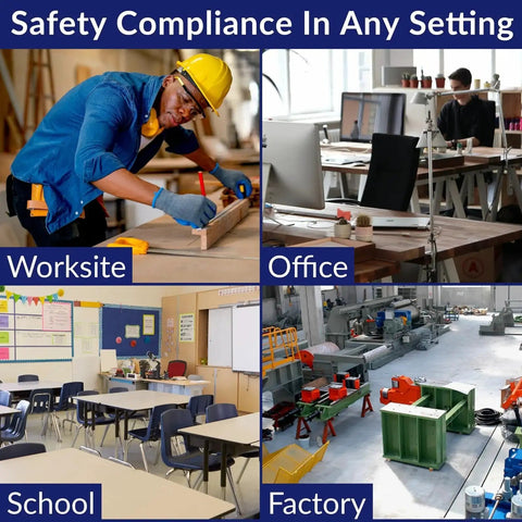 Collage of workplace settings: construction site, office, school, and factory illustrating safety compliance.