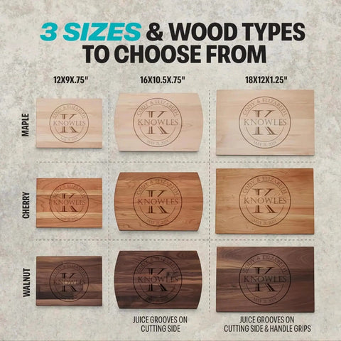 Diagram showing three sizes and three wood types for personalized wood cutting boards with gift box, stand, and oil included for weddings, anniversaries, birthdays or Mothers Day, laser engraved and custom engraved in Cherry, Maple, or Walnut for her by Blue Ridge Mountain Gifts.