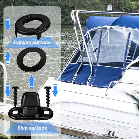 Marine Grade Twist Lock Fasteners Kit With 25 Sets And Rust Proof Coating for Boats showing use on a canvas surface with installation diagram
