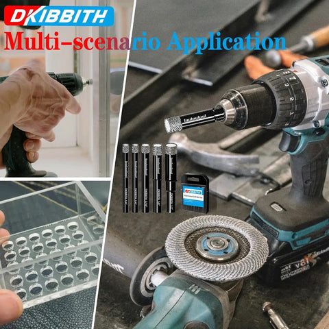Ten Pack One Quarter Inch Diamond Drill Bits Set for Tile Porcelain Ceramic Granite Marble Stone and Glass with Dry Drilling Capability shown with drill and storage case.