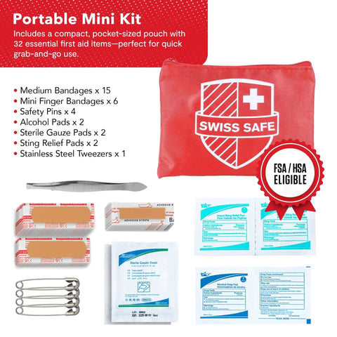 Portable mini kit with bandages, gauze, and safety pins from Durable 2 In 1 First Aid Kit For Car Travel Home And Business With 348 Pieces