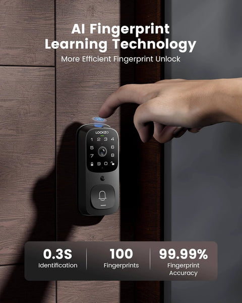 All In One Dope Smart Door Lock With Camera And Video Doorbell on wooden door with fingerprint access being used