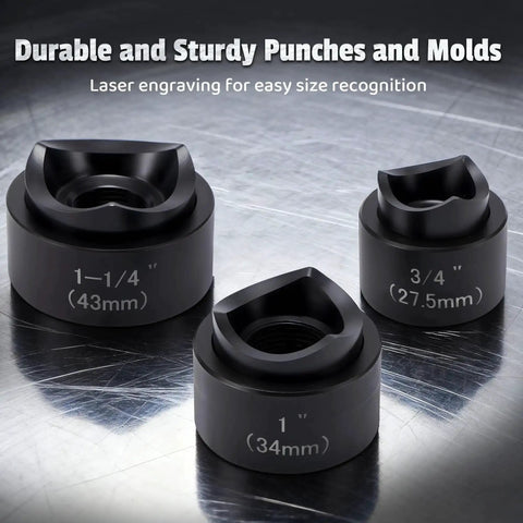 Hydraulic Knockout Punch Kit dies in various sizes for Half Inch to Two Inch Conduit Holes, shown with laser-engraved labels.