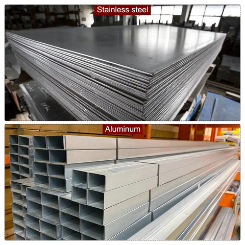 Stacked stainless steel sheets and aluminum tubes in a warehouse setting.