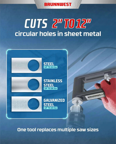 Diagram showing adjustable sheet metal hole cutter for making 2 to 12 inch cuts in 24 gauge steel and 26 gauge stainless for HVAC ductwork.