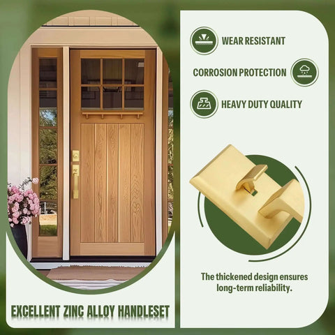 Built Tough Satin Brass Front Door Handle Set with Keys on wood door, featuring heavy-duty exterior door lock, square reversible handle.