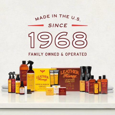 Leather Conditioner For All Leather Items 8oz Non Toxic Made In USA packaging with various care products displayed since 1968.