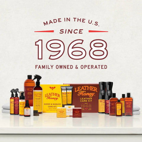 Premium Leather Conditioner That Restores All Leather Items From Auto To Furniture And Shoes Purses And Tack Non Toxic Made In USA 8 Fl Oz Leather Honey product collection displayed on a clean surface.