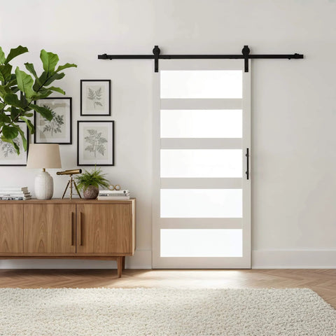 Frosted Glass Sliding Barn Door With Five Lite Panels Six Foot Hardware Kit And Handle Included Solid Wood Core Covered With Waterproof PVC Surface Sleek Modern Look And Easy Install For Bathroom And Kitchen installed in modern room.