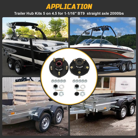 Two Sets 2000 Pound Trailer Hub Kit 5 Lug Four Point Five Inch Bolt Pattern For One And One Sixteenth Inch Straight Spindle