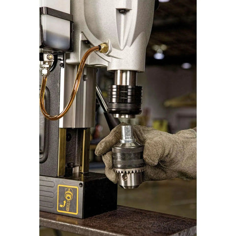 Magnetic Drill Press With 2 Inch Capacity And 4 Inch Travel 10 Amp Motor Quick Change Chuck 2 Speed Settings Overload Protection in use