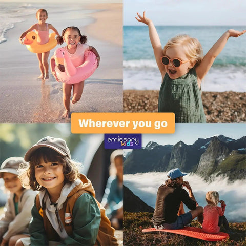 Collage of happy children exploring, perfect for Emissary Kids' outdoor and travel activities promotion with Unicorn Princess Themed Luggage.