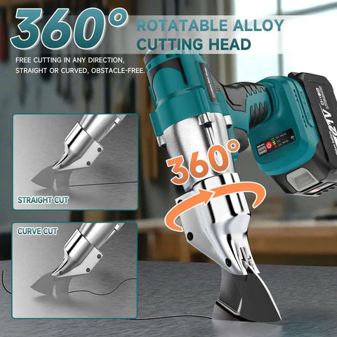 Beast Mode Cordless Sheet Metal Cutter with 360 Degree pivoting head, shown cutting metal with variable speed shears.