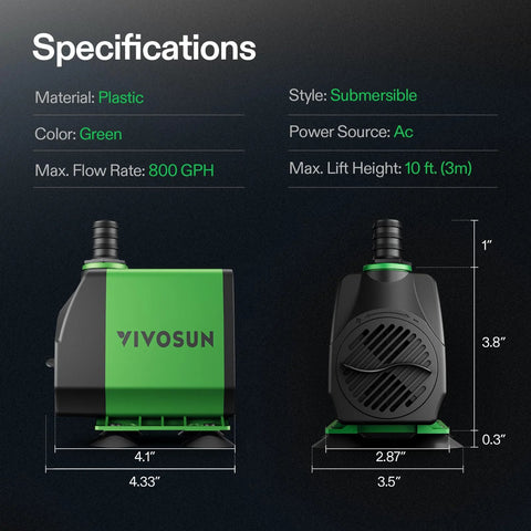 Front view of VIVOSUN green 800 GPH submersible water pump, plastic body with three nozzles