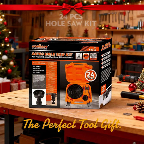 Complete 24 Piece Hole Saw Kit With 17 Blades 2 Mandrels 3 Drill Bits And Installation Plate For Drywall Wood Plastic And PVC Fast Clean Holes box in workshop.