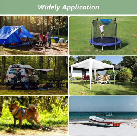 Collage showing 18 Inch Beefy Duty Ground Anchors Screw In Kit With T Handle securing tents, trampolines, trailers, and canopies outdoors