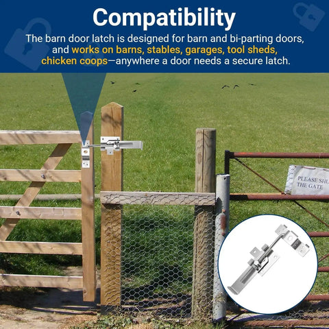 7 Inch Adjustable Barn Door Jamb Latch With Hook for bi-parting doors installed on a wooden gate, outdoor setting
