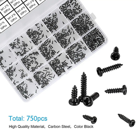 Black Carbon Steel Tiny Phillips Pan Head Self Tapping Screws Set 750 Pcs In 15 Sizes For Electronics Micro Wood Screws Kit M1 To M1.7 displayed