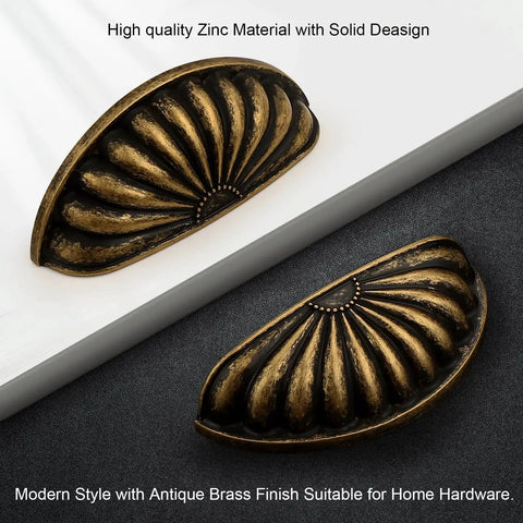 Five Pack Antique Brass Cabinet Cup Pulls 3 Inch Center 76mm Vintage Dresser Handles shown in zinc alloy with antique finish.
