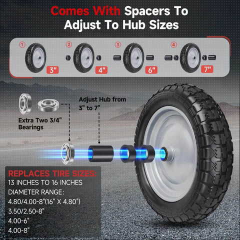 Solid Tire And Wheel Kit For Wheelbarrows And Garden Carts With 14.5 Diameter Flat Free Tire, 4.80 4.00 8 Size pictured with spacers