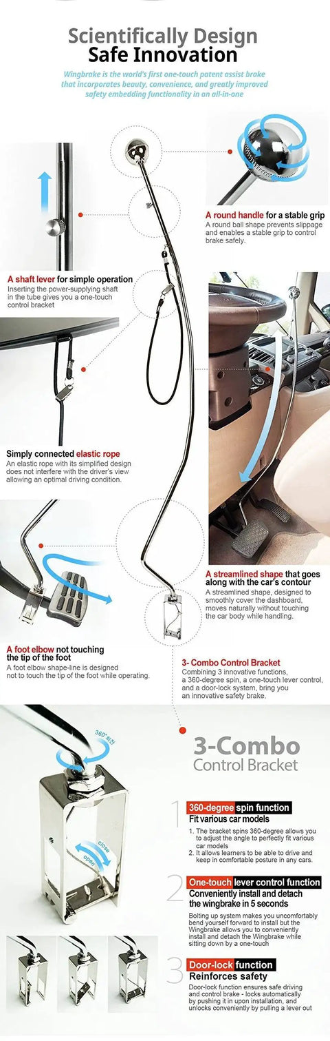 Wingbrake-V driver training brake, Amazon brand; installed in car footwell with 3-Combo control bracket.