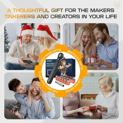 A 90 Degree Offset Right Angle Screwdriver With Ratcheting Mechanism displayed as a gift surrounded by smiling people.